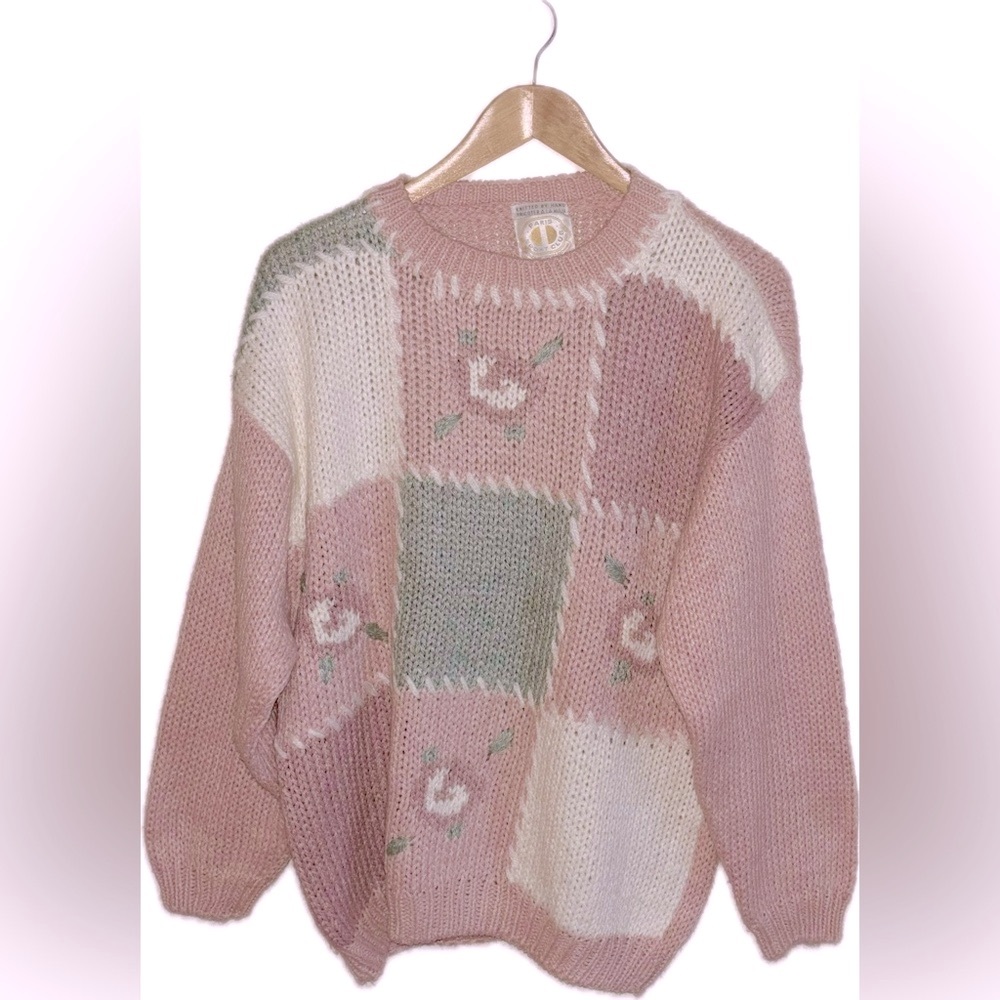 Vintage Paris Sport Club Hand Knit Ramie Blend Pink Floral Cottagecore Sweater